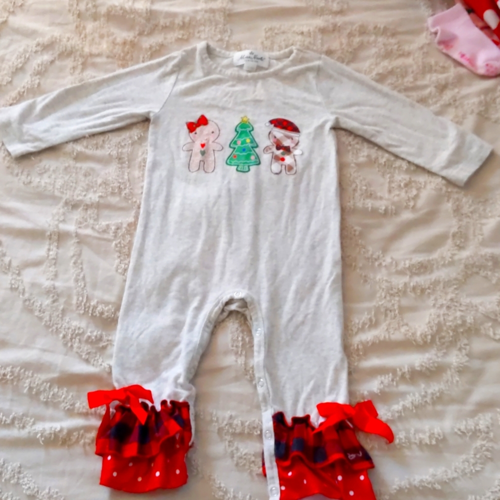 MARIE NICOLE Gingerbread and Christmas Tree Romper. Red bows!!!